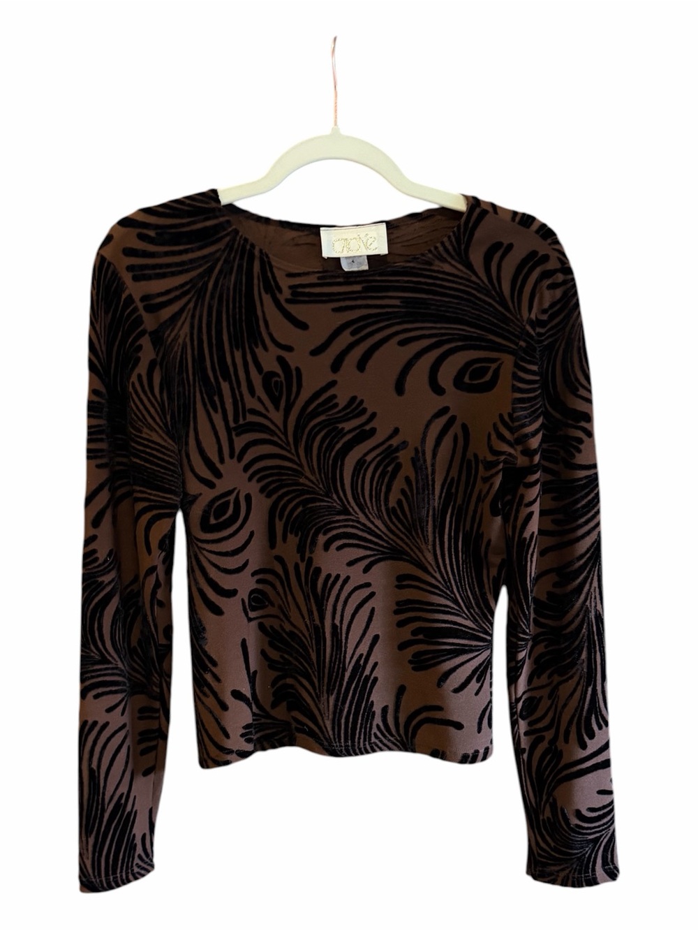 Vintage CACHE Burnout Velvet Mesh Long Sleeve Top Black and Brown‎ Print M